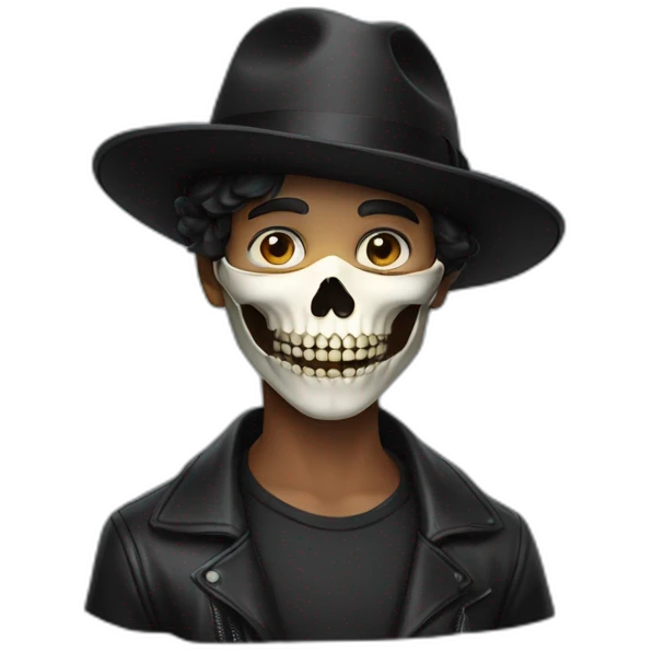 young age man wearing half skull mask (opening at mouth) with a black fedora hat emoji