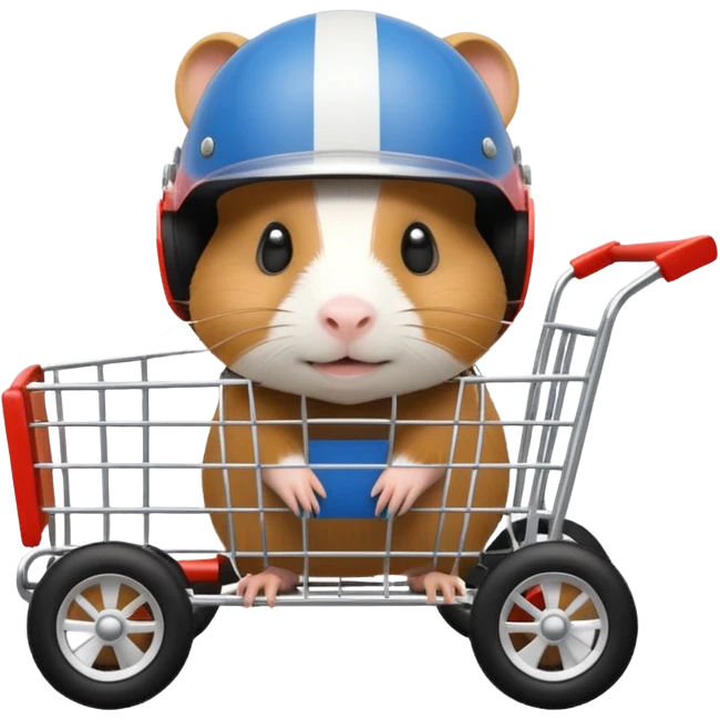 Race car whose frame and suspension is made of shopping cart material driven by a thin Guinea pig  emoji