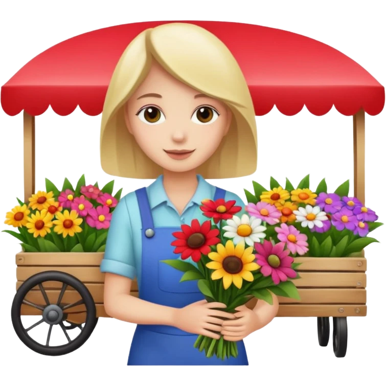 Shopper with flower bouquet,Farmers’ Market, background Flowers cart, market. emoji