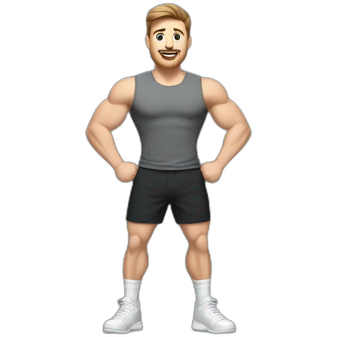 Full height Actively gesturing  with hands Pale skinned Fit Man With the biceps and brown hair in dark gray Sleeveless Mike, black oversize sports shorts, watch and white Sneakers emoji