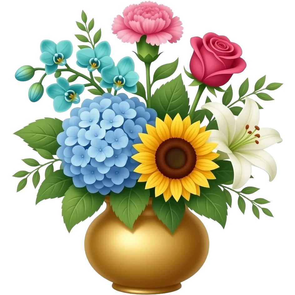 a bunch of flowers in a gold vase with a teal orchid, a carnation, a hydrangea, a rose, a sunflower and a lily emoji