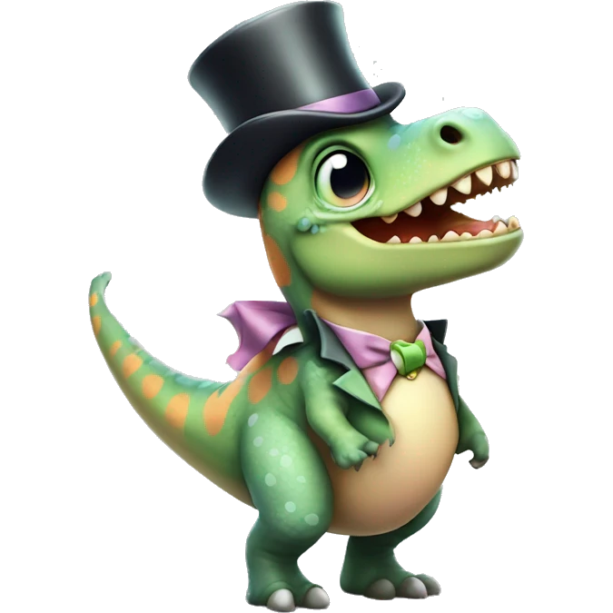 Cute charming dinosaur with tophat and monocle 3/4 view with pastel colours emoji