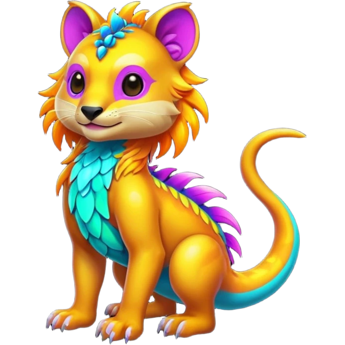 Colorful neon-colored tropical exotic shiny beautiful fantasy-Cacomistle-tanuki-genet-oncilla-animal-hybrid (full body) emoji