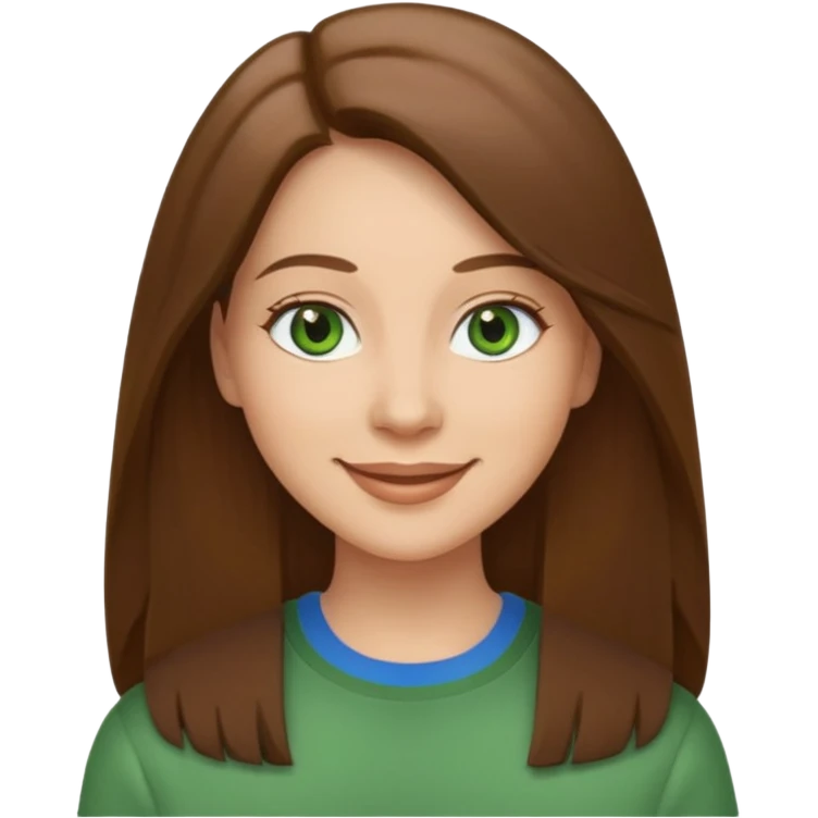 Adult woman avatar, light skin tone, oval face, straight long brown hair, green eyes, neutral mouth, casual  emoji