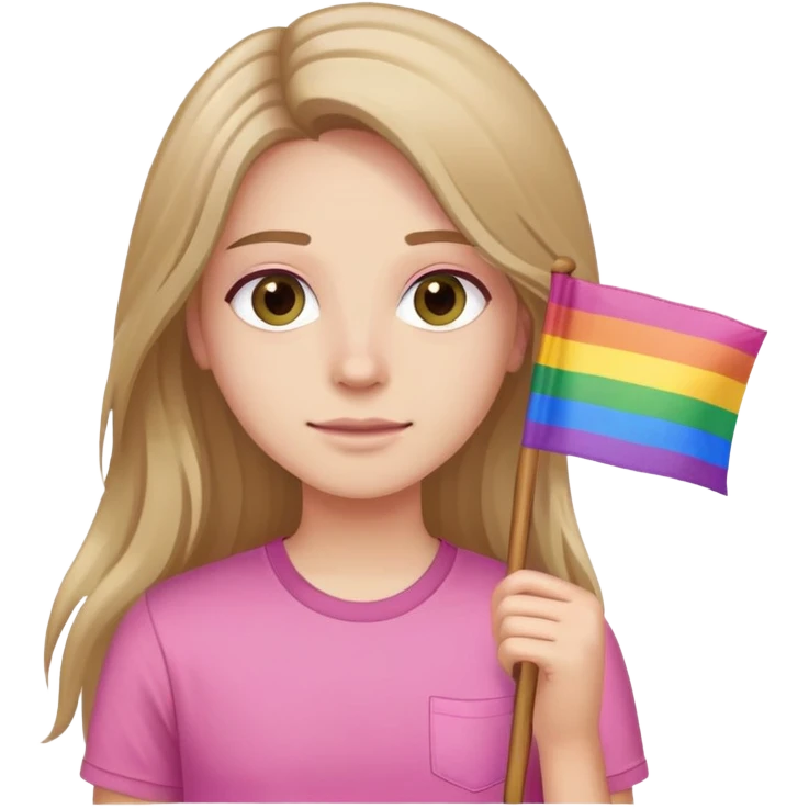 long hair and hazel eyes wearing a pink shirt and holding a pride flag emoji