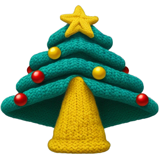 A knit hat like a Christmas tree，The bottom is wide enough for people to wear and has a yellow pentacle on top. The hat is divided into three parts horizontally by blue thread, and the whole hat has several small red, yellow and white wool balls. emoji