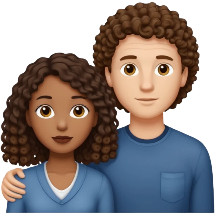 Interracial couple, taller white male with short straight medium brown hair, shorter mixed toned woman with long curly dark brown hair  emoji