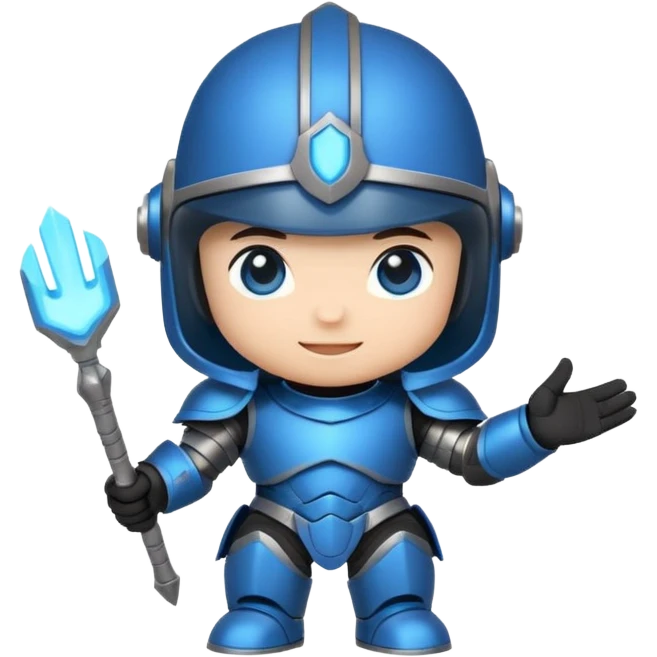 "Cute chibi-style armored hero sticker, oversized helmet, small body, glowing blue eyes, friendly waving pose, bold outlines, saturated colors, isolated on a plain white background, 2D cartoon style." emoji