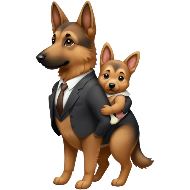 A German Shepard wearing suit with a baby on its back emoji