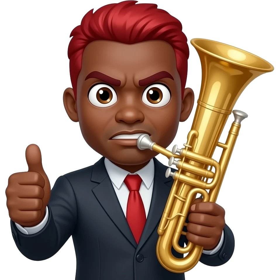 give me a funny black-skinned guy emoji png who's showing with his thumb that everything fine, also on the other hand he holds a jumbo instrument he should have red hair and his eyes being weird wide his face expression should be mad even tho his showing thumb up and hes eyes should be really small emoji