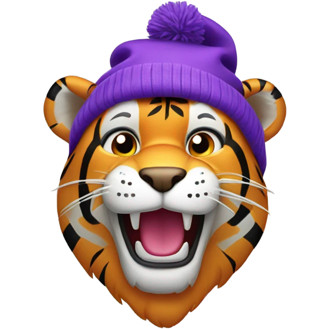 Jaunty tiger wearing purple stocking cap emoji