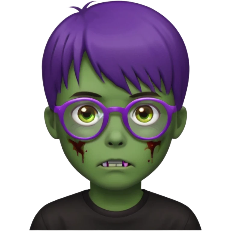 Menino zumbi com cabelo castanho escuro com franja japonesa, olhos castanhos, camisa preta larga, pele verde e óculos lilás emoji