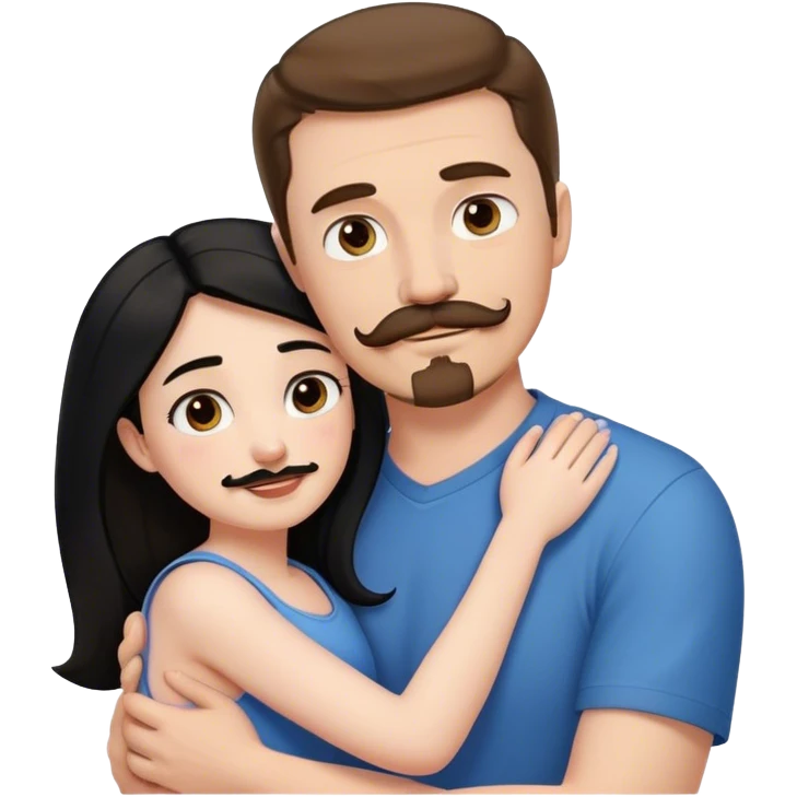 Couple, Tall strong white man with brown hair mustache and goatee, hugging small pale woman long with black hair emoji
