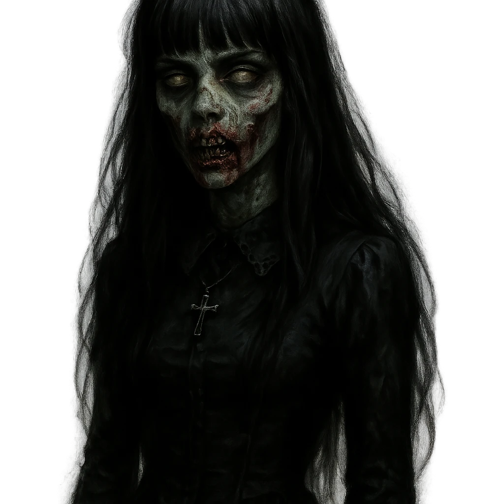 a zombie girl with black long hair and bangs, gothic style, dark, moody emoji