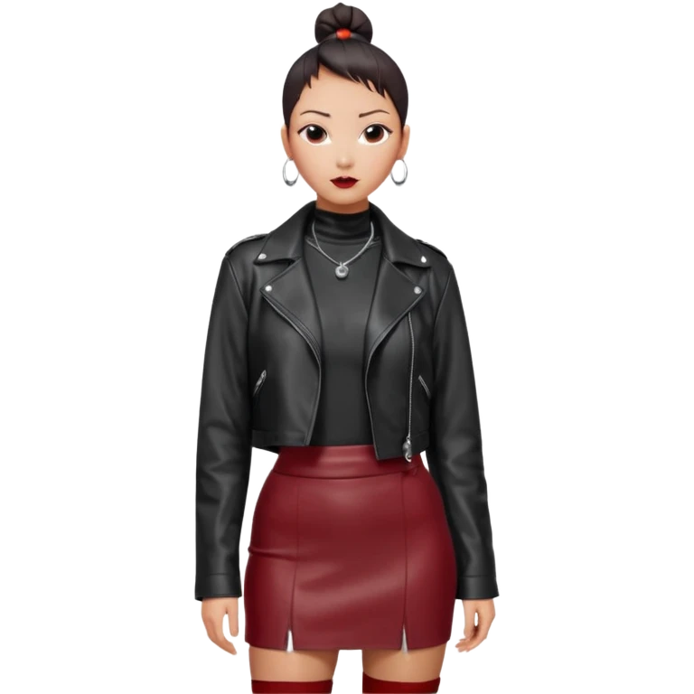 Full-body shot of an East Asian woman with a low sleek bun. Oversized black leather jacket that reaches the hips, black turtleneck, silver orb necklace. Red leather mini skirt, burgundy tights, and red long boots. Clean, fashion-editorial look. emoji