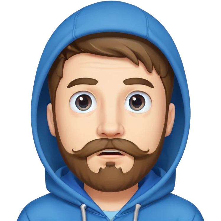Mr. Beast wearing a blue hoodie, mustache and beard, surprised expression emoji