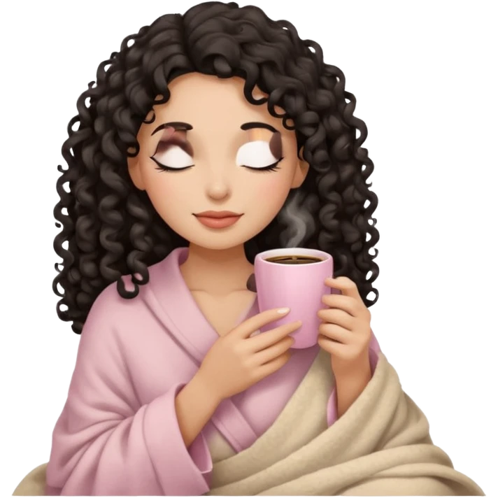 woman with medium tone, black long 3b curls, closed eyes, feminine face, holding soft pink coffee cup with beige blanket over shoulders emoji