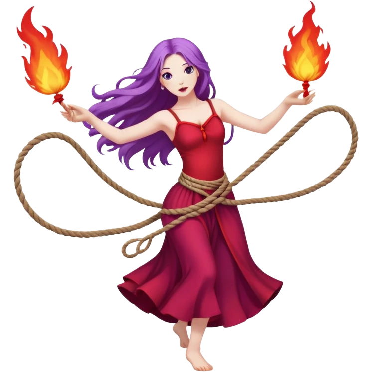 Full body rope Poi fire dance performer pale skin with long purple hair red dress emoji