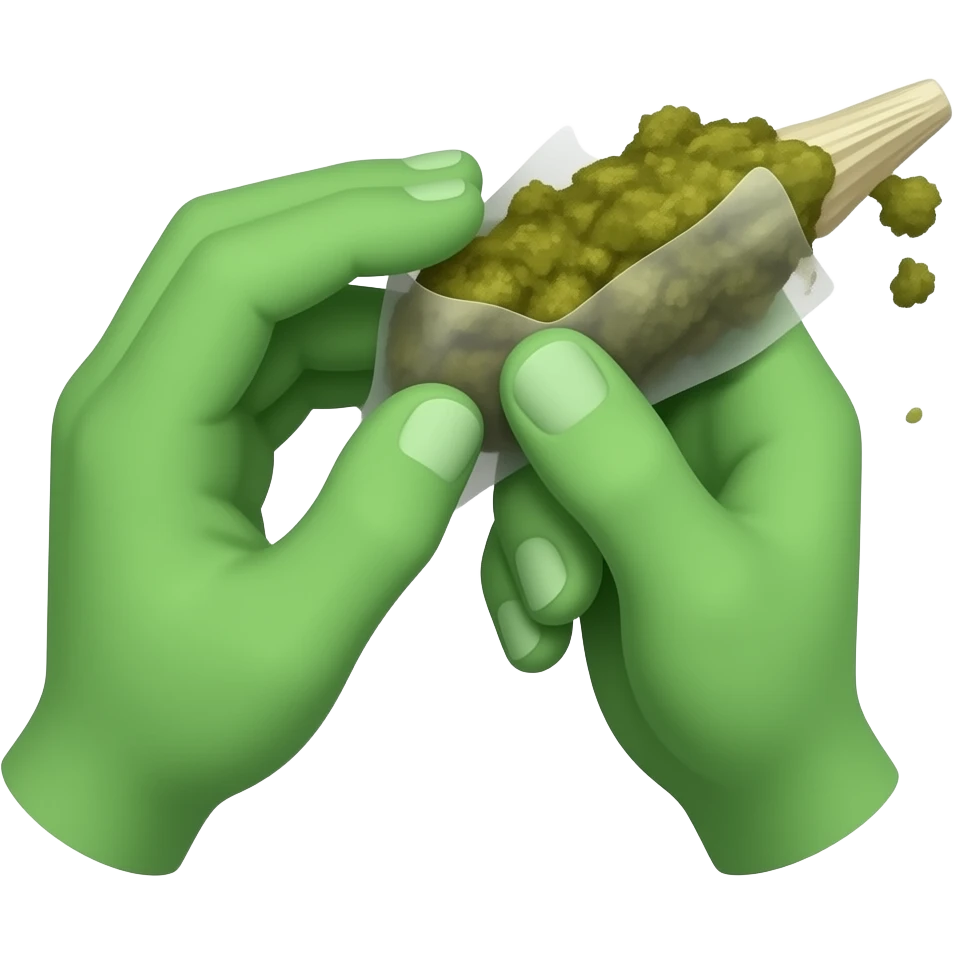 A 2D cartoon sticker of green hands rolling hashish, white border, vibrant colors, isolated on white background, 4k vector style emoji