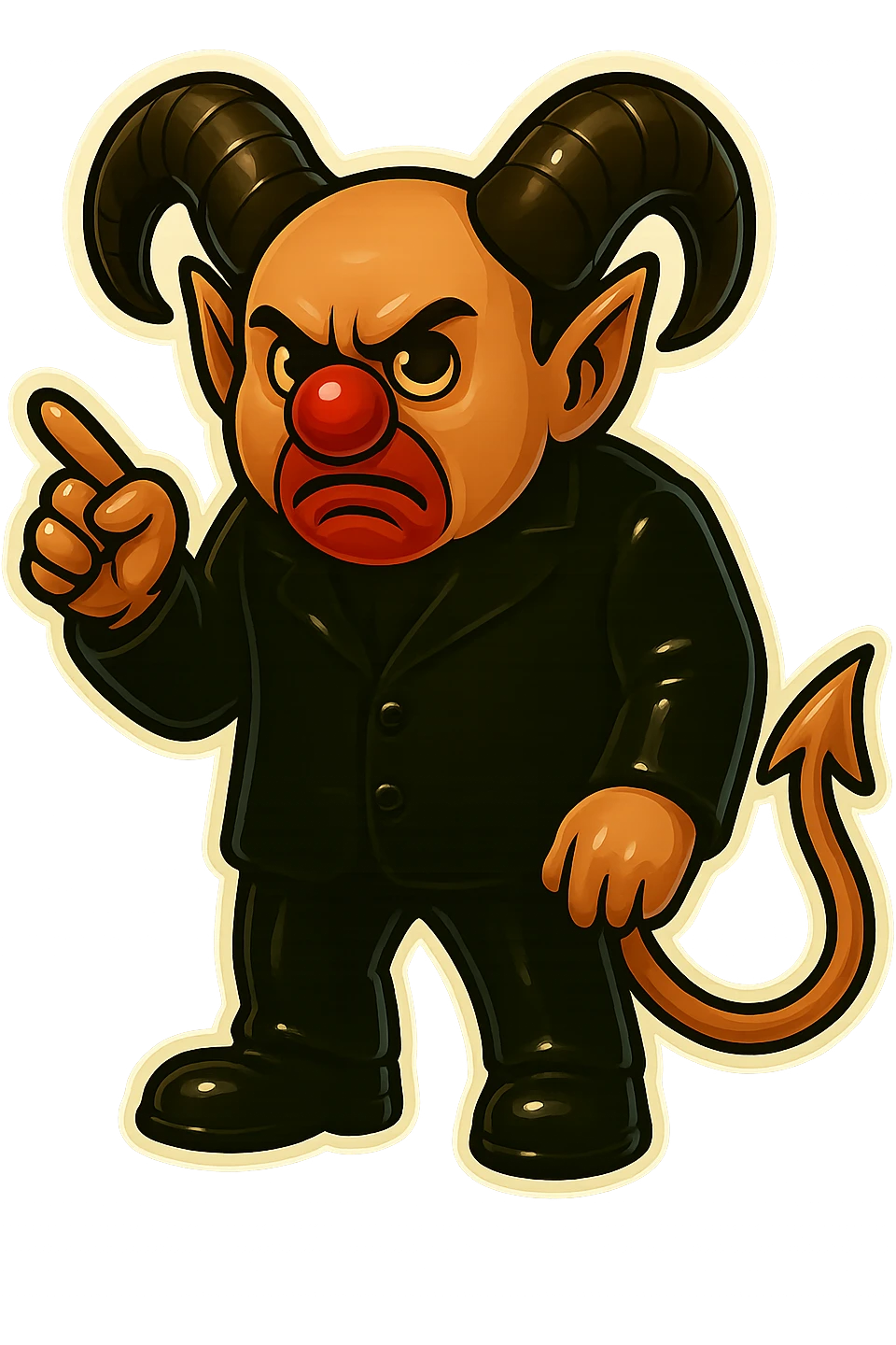 Evil clown wizard in retro sticker style, transparent background, wearing an all black suit with no pentagrams, using the face, horns, and tail from the reference image. He has a frown and never smiles. Pose: hunched forward, looking menacing, clean modern sticker look. emoji