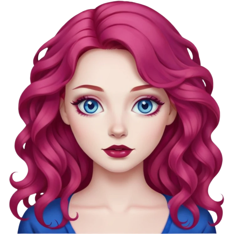 pretty baddie, dark pink/red wavy hair, pale skin, long hair, blue eyes, makeup emoji