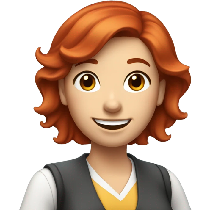 happy science school teacher: a female school teacher, with red hair and dark brown eyes, smiling with her hand waving to say hello to students. the image is from torso up. emoji