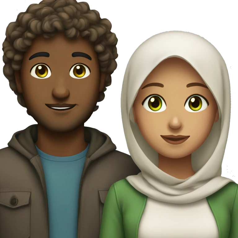 Muslim couple girl with green eyes and a brown skin guy with curly hair  emoji