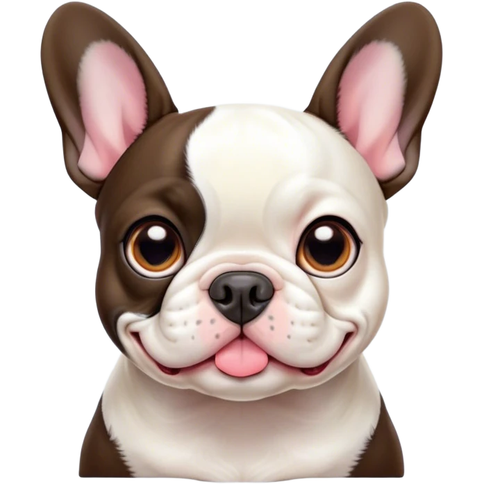 Cinematic Cute Pied French Bulldog Portrait Emoji, Head tilted with a sweet, mischievous grin and large, inviting eyes, featuring a unique pied fur of contrasting colors, simplified yet irresistibly endearing, highly detailed, glowing with a warm, playful radiance, high shine, exuding a quirky charm and affectionate personality, styled with a soft, lighthearted outline, capturing the essence of a cute Pied French Bulldog that looks ready to charm its way into your heart! emoji