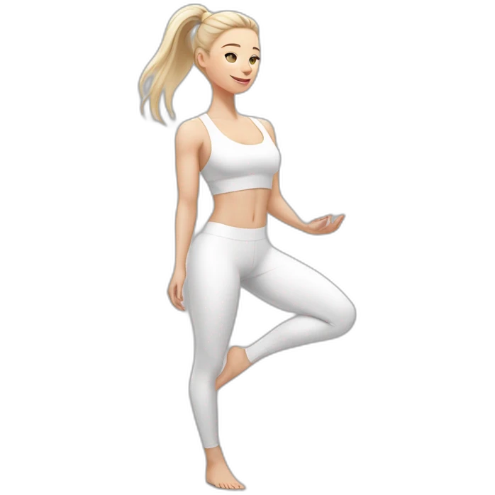 Pale skinned fit woman In a white tight yoga suit With ash blonde hair in a ponytail and gray eyes doing yoga emoji