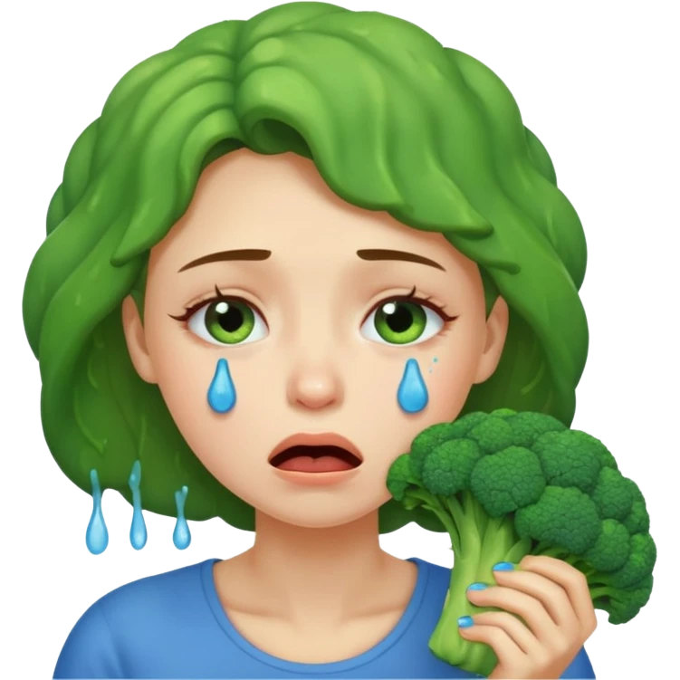 Woman crying eating broccoli. make tears blue color emoji