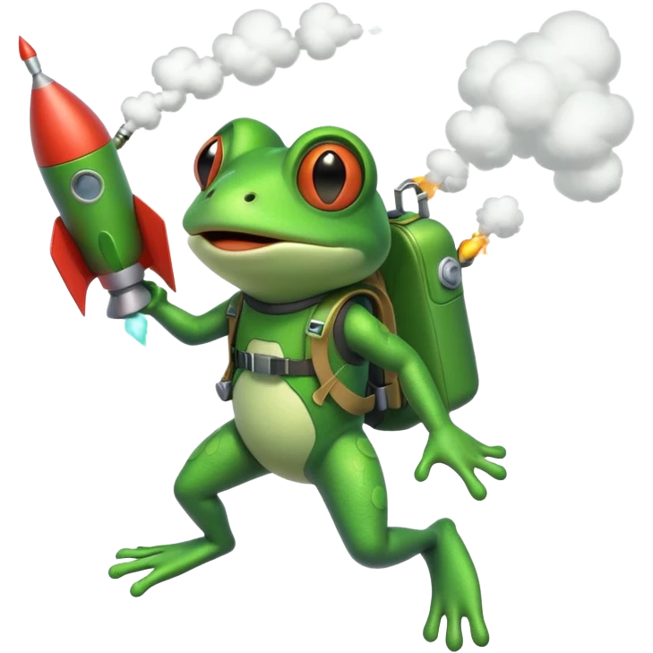 cute frog flying with a rocket pack, funny expression, rocket smoke trail, 3D cartoon, mobile game icon style, clean background, no text, no watermark emoji