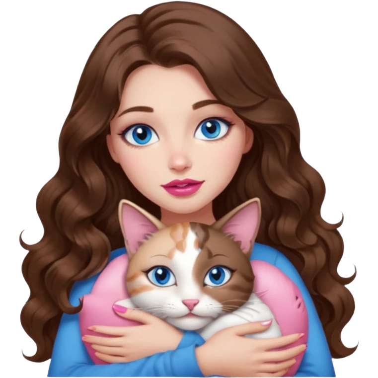 girl with long wavy brown hair, blue eyes, long lashes makeup, sexy pink lips, cuddling with 6 cats emoji