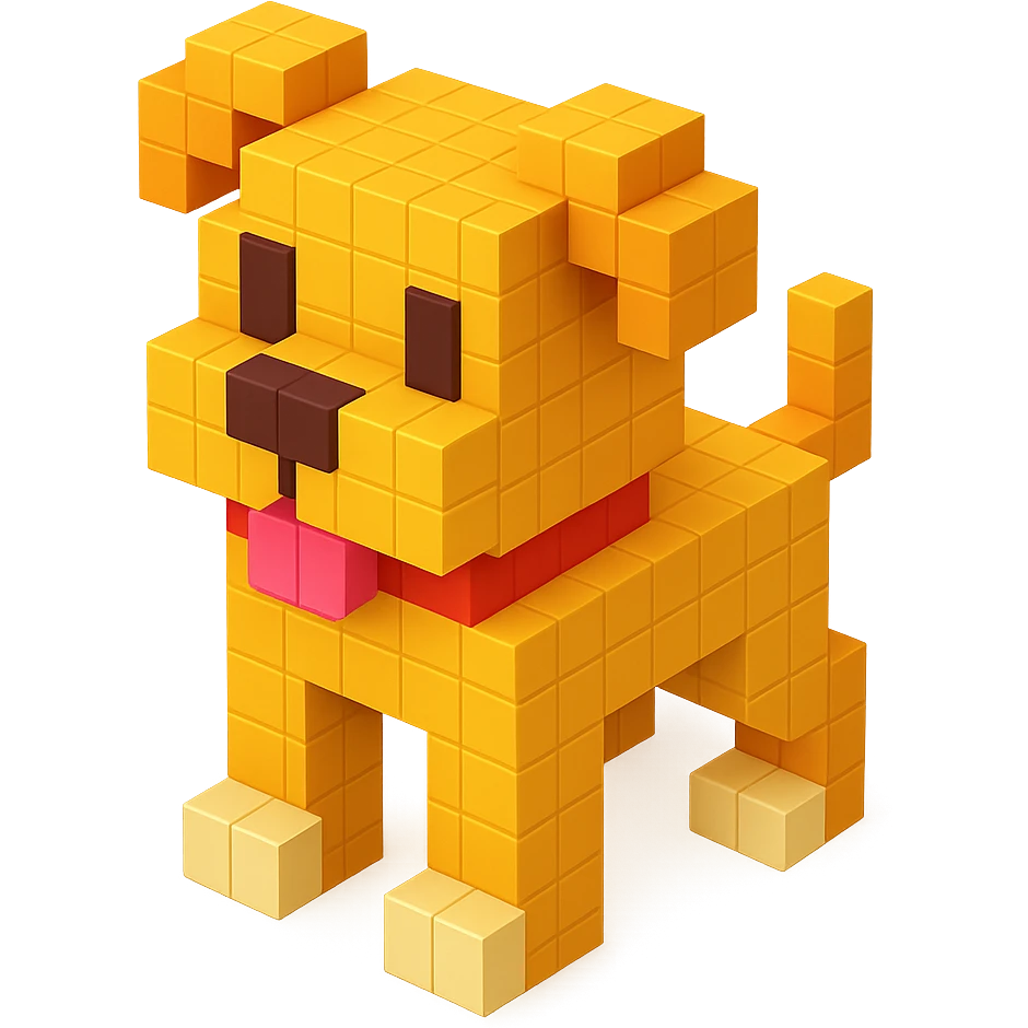 <SystemPrompt>
                <Style>
                  <Name>Voxel Emoji Art</Name>
                  <Description>A playful, isometric voxel style that mimics pixel art in 3D, commonly used for emojis, UI icons, and symbols. Rendered with bright, vibrant colors and no shadows.</Description>
                  <VisualRules>
                    <Geometry>
                      <BaseUnit>Cube</BaseUnit>
                      <GridAlignment>Isometric</GridAlignment>
                      <VoxelSize>Consistent</VoxelSize>
                    </Geometry>
                    <Color>
                      <Palette>Vivid and High Saturation</Palette>
                      <Gradient>Allowed on faces for subtle lighting</Gradient>
                    </Color>
                    <Lighting>
                      <Style>Soft studio lighting</Style>
                      <Shadows>Subtle ambient shadows</Shadows>
                    </Lighting>
                    <Detailing>
                      <Outline>None</Outline>
                      <Texture>Flat color (no texture noise)</Texture>
                      <Effects>None</Effects>
                    </Detailing>
                  </VisualRules>
                </Style>
                <Generation>
                  <PromptTemplate>
                    <![CDATA[
                      Render a voxel-style 3D illustration of a {subject}, using bright colors and blocky pixelated geometry. The object should appear playful and clean, similar to emoji aesthetics, with no shadows and no outlines. Lighting should enhance the 3D depth without harsh contrast.
                    ]]>
                  </PromptTemplate>
                </Generation>
              </SystemPrompt>
              {subject} = dog emoji
