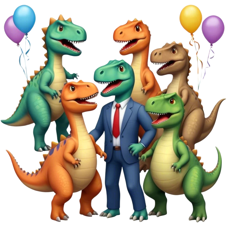 office dinosaurs in office clothes celebrating birthday emoji