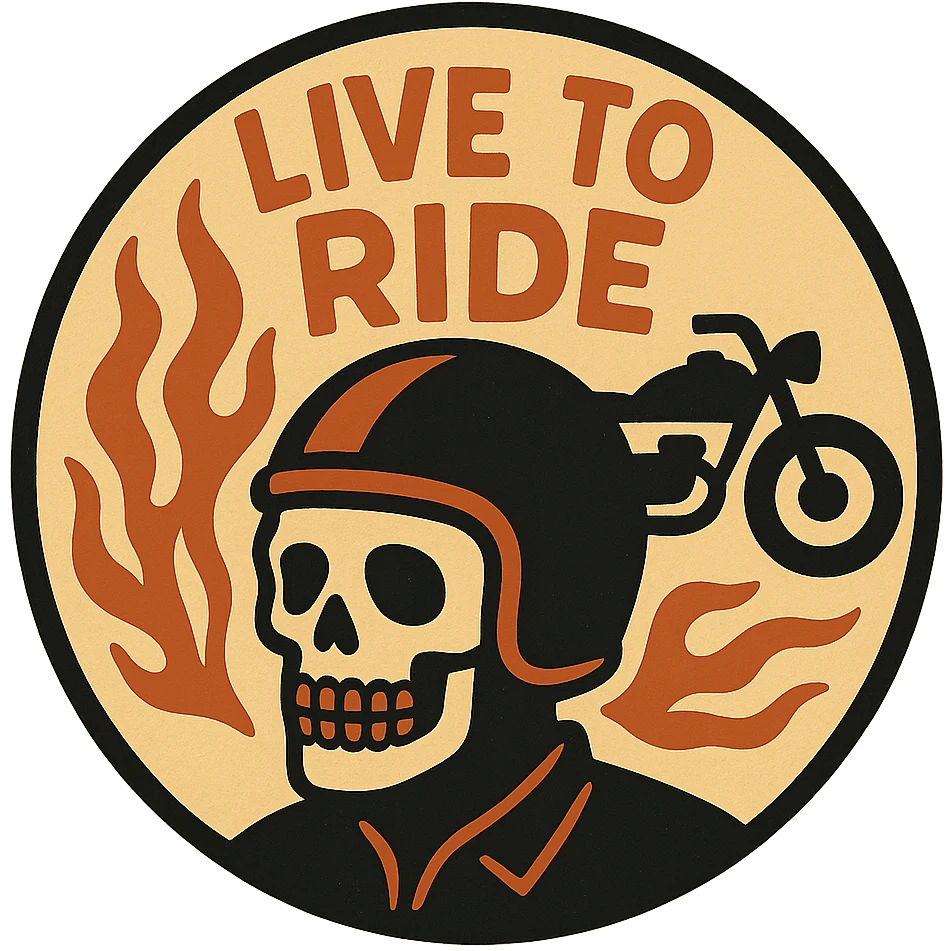 circular design for motorcycle cap, transparent background, text 'Live to Ride' in English, iconic style, motorcycle motifs like skull, motorcycle, flame emoji