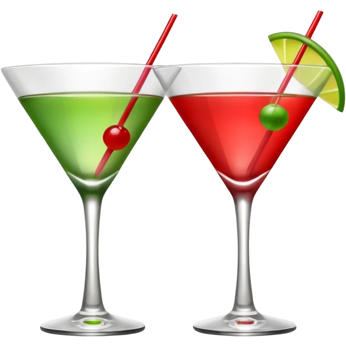 two realistic glasses of cocktail in emoji style, one is red color and one is green, martini glass shape, no straw, no fruit, no ice emoji