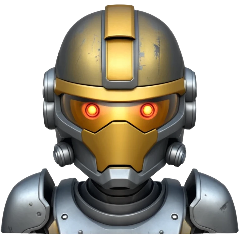 futuristic war robot portrait, head and shoulders only, glowing eyes, detailed helmet faceplate, armor collar, sci-fi metal textures, 3D cartoon, mobile game icon style, clean background, no text, no watermark
 emoji