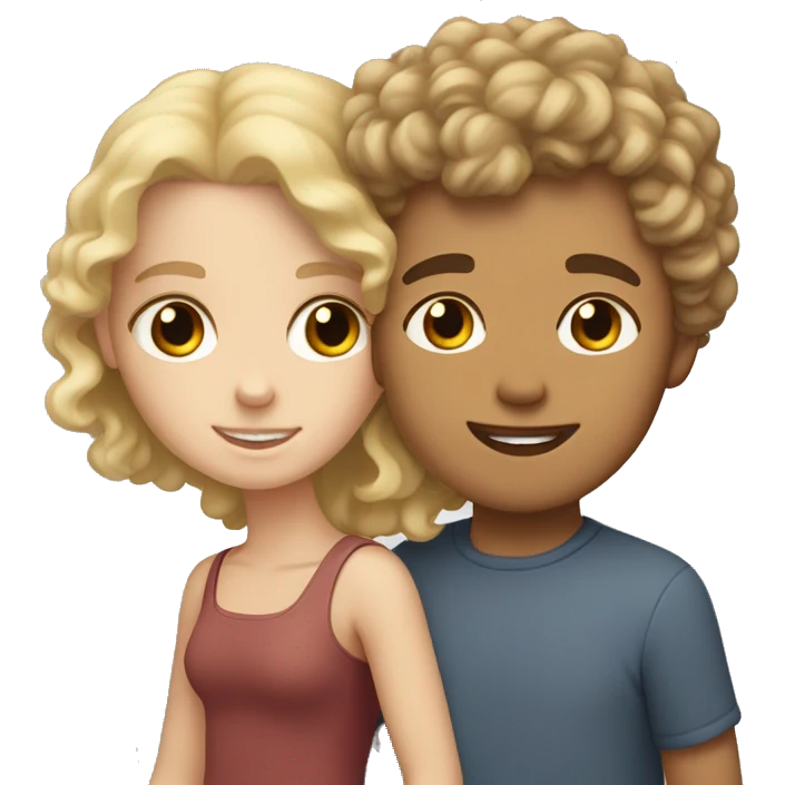 White boy with short curly blonde hair holding a mixed girl with brown curly hair hand emoji