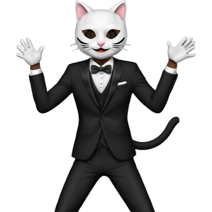 Dancing man in black suit and white cat mask emoji