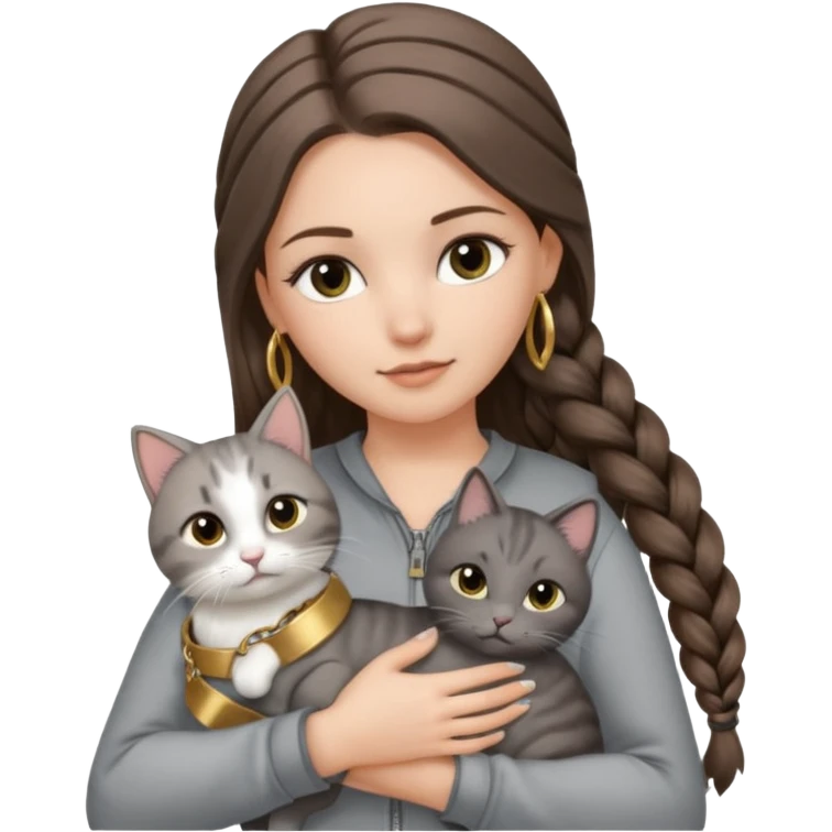 a white girl with long brunette hair in one braid that is over her shoulder. shes holding a grey cat. the girl has long lashes and has on a grey zip up that is half way zipped  and under a white shirt and gold bracelets. emoji