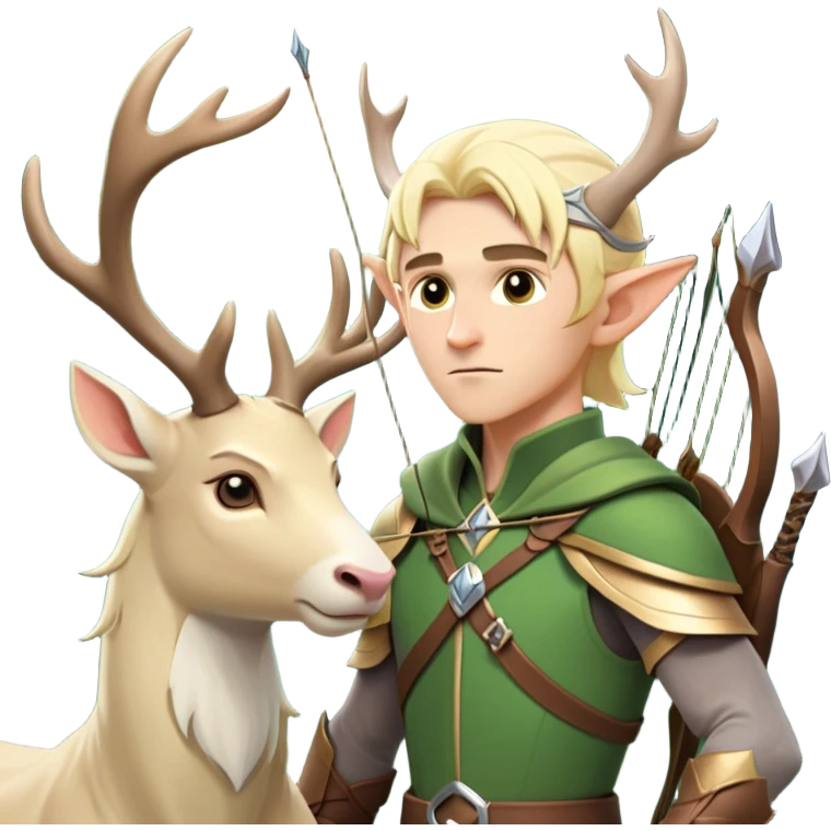 clash-of-clans-aesthetic-blond-male elf-archer-portrait-emoji, rendered in a flat, vector-style with minimal shading and bold holding his bow, simplified shapes, head tilted slightly forward with a determined, focused expression, riding a majestic white stag whose antlers glow with mystical energy, set against an ancient, enchanted forest backdrop. emoji