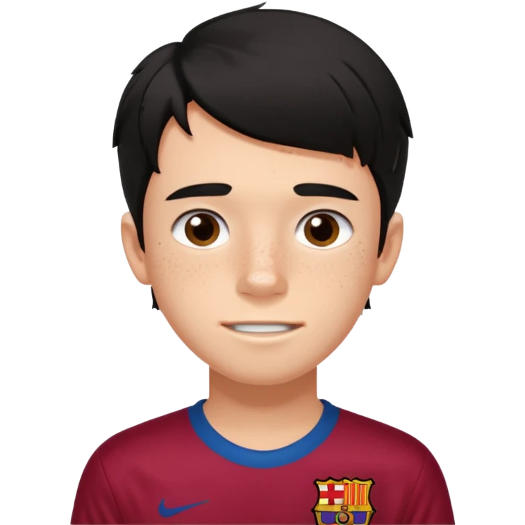 Un chico con pelo liso, desordenado y negro, tiene pecas, brackets, ojos cafés oscuros y con una camisa del Barcelona  emoji