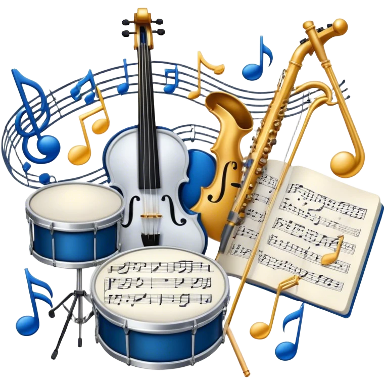 Create an artistic emoji that represents music arrangement and orchestration. The design should feature various orchestral instruments (drums, violin, electric guitar, synthesizer) and conductor's baton, musical scores. Incorporate flowing lines to represent harmony and orchestral balance, along with a subtle representation of sheet music. Use rich, classical colors like gold, silver, or deep blue, and create an atmosphere of sophistication and precision. The background should be transparent. emoji