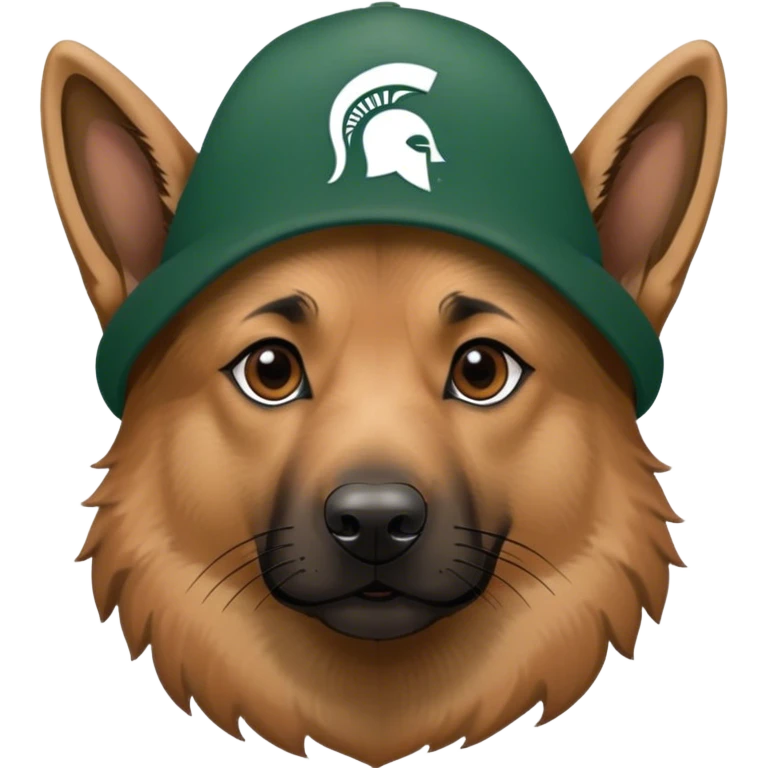 German shepherd wearing a Michigan state spartan hat emoji