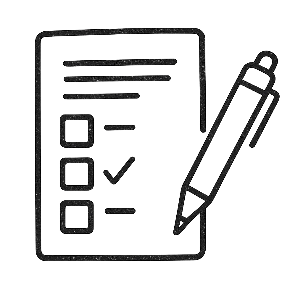 hand-drawn outlined icon of a survey form with a pen emoji