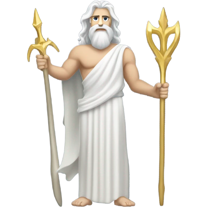 white man Poseidon with gold trident. long white hair white dress. driver emoji