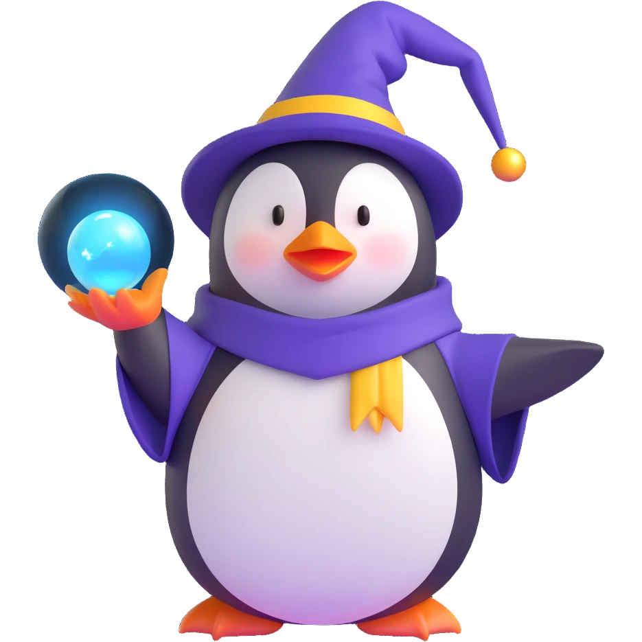 3D emoji style penguin wizard with a glowing orb and wizard hat emoji