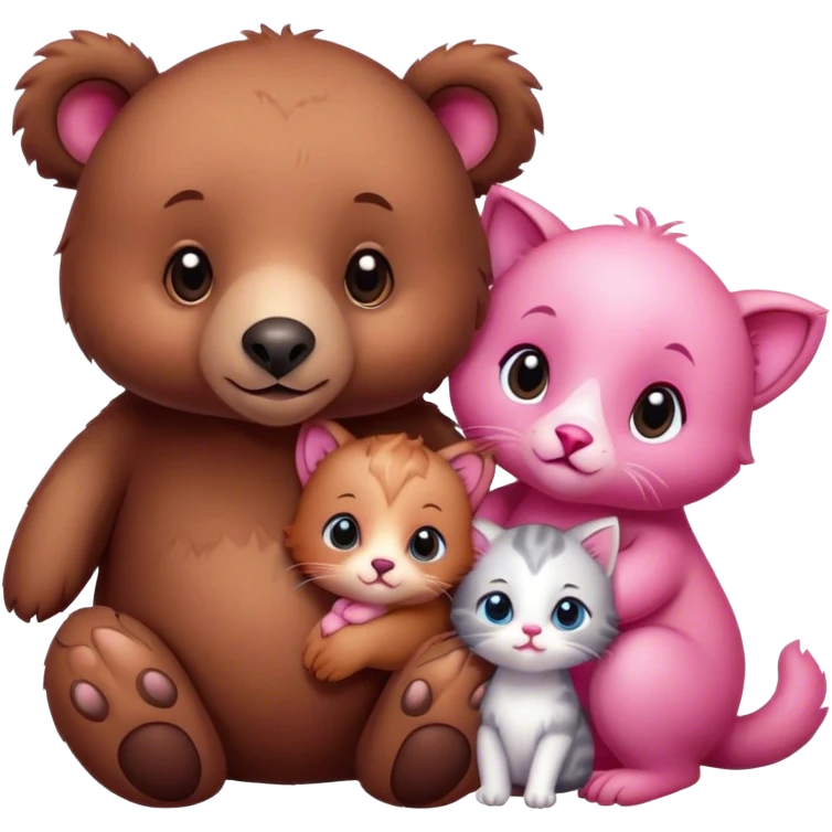 A cute realistic brown bear and a realistic cute pink dodo closely together. Between them there is a cute brown kitten emoji