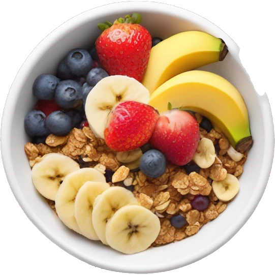 Açai bowl with granola sliced banana strawberry mango on top emoji