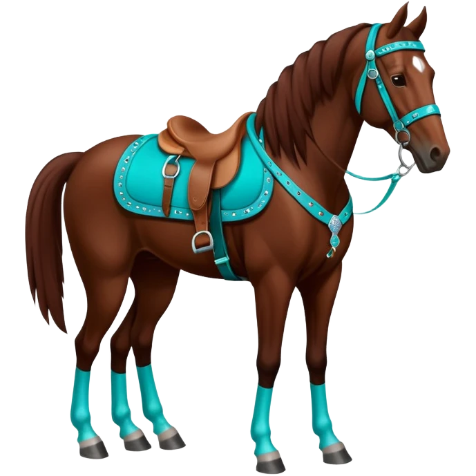 Dark chestnut horse with turquoise western tack full body standing still emoji
